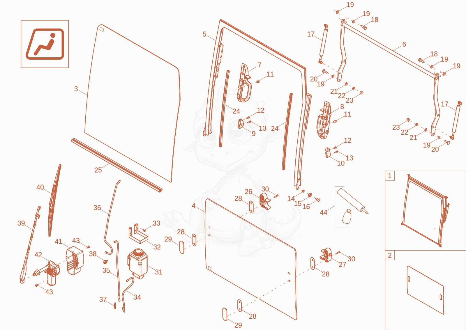 Exploded parts diagram of the front window (OPTION) of a Wacker Neuson ET18-2, with numbered balloons