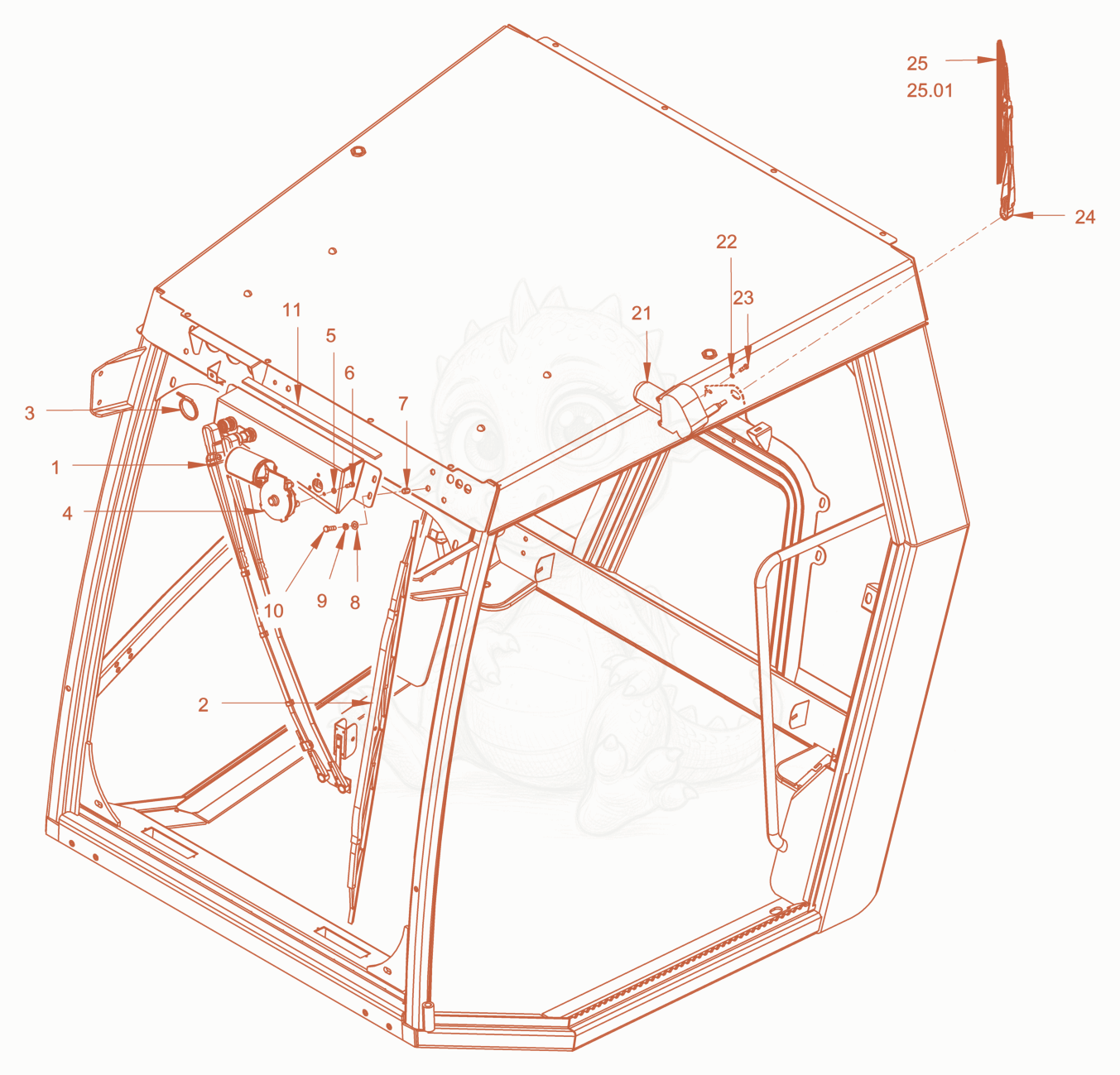 Exploded parts diagram of the driver's cabin of a Wacker Neuson RC110USROPS, with numbered balloons