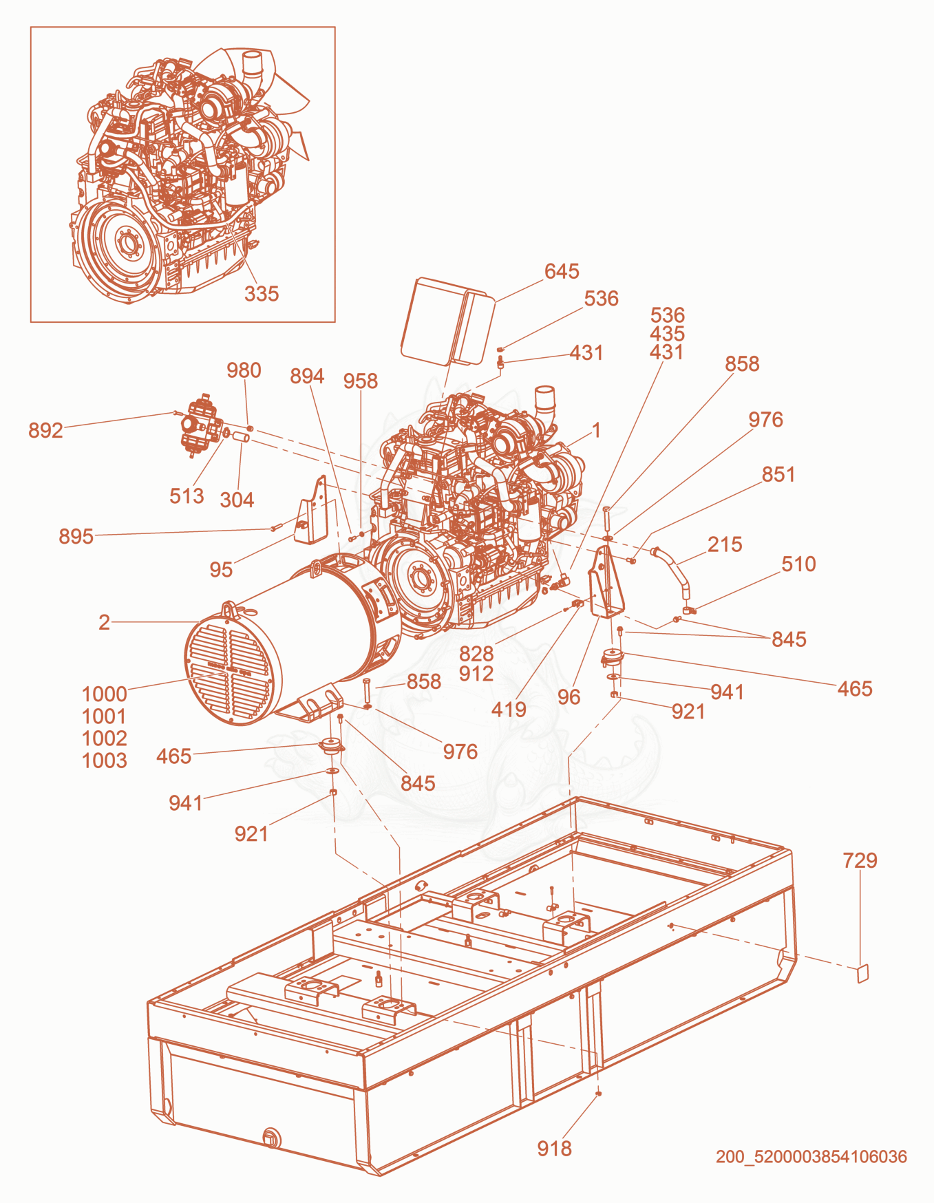 Despiece del Generator/Engine de una máquina Wacker Neuson G100, con globos numerados