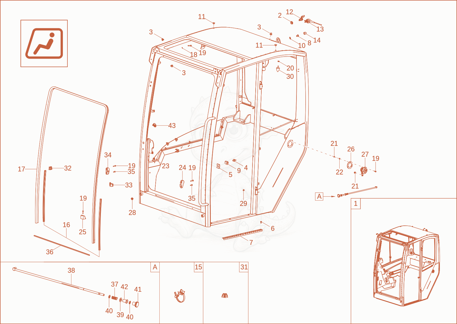 Exploded parts diagram of the CABIN FRAME 1 (OPTION) of a Wacker Neuson ET42, with numbered balloons