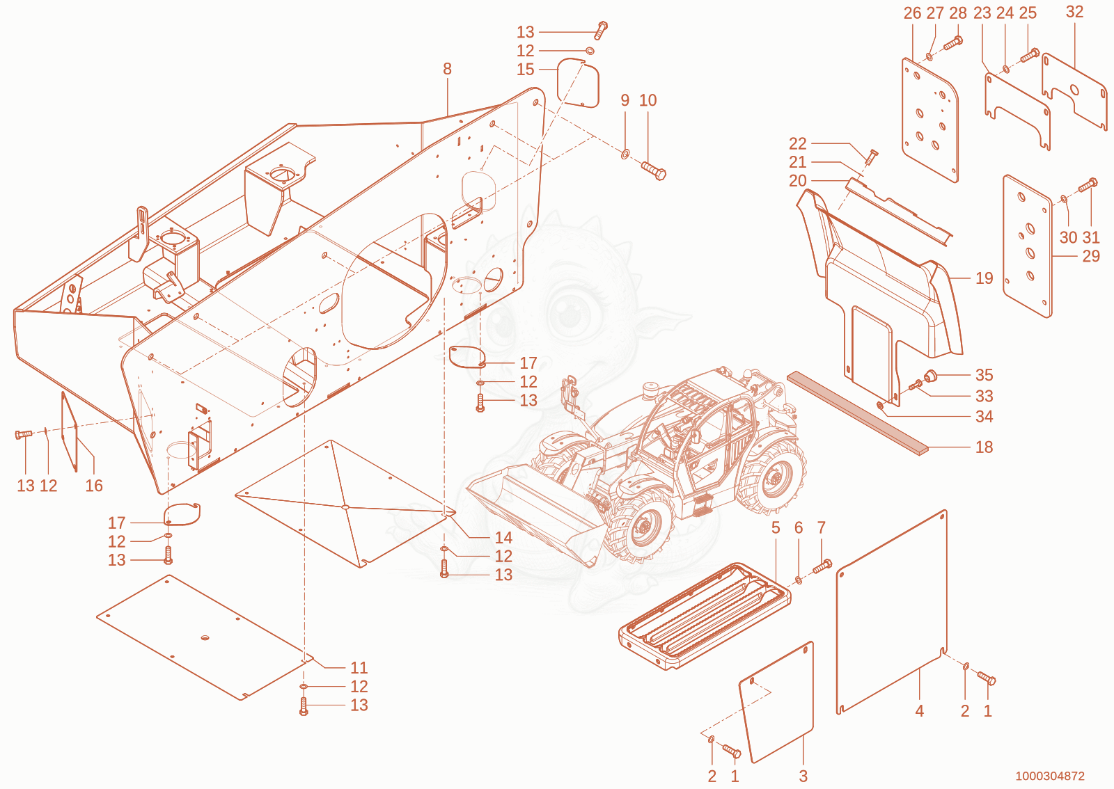 Exploded parts diagram of the trim of a Wacker Neuson TH755(416-04), with numbered balloons