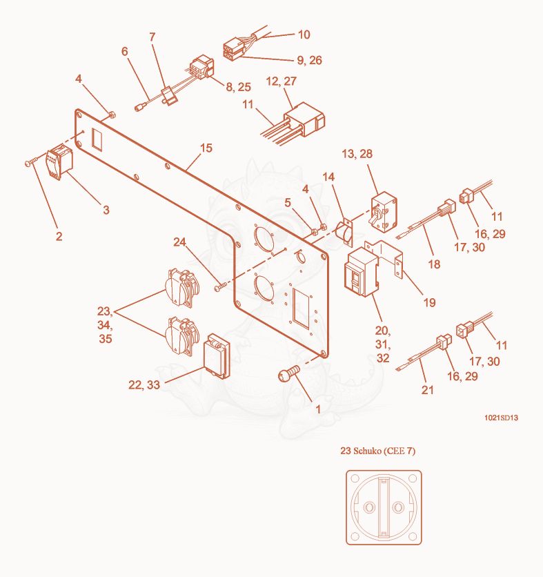 Exploded parts diagram of the Control Panel with Earth Leakage Circuit Breaker of a Wacker Neuson GS4.6AE, with numbered balloons