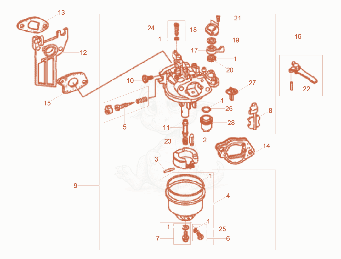 Despiece del Carburetor de una máquina Wacker Neuson XPSKMAT, con globos numerados