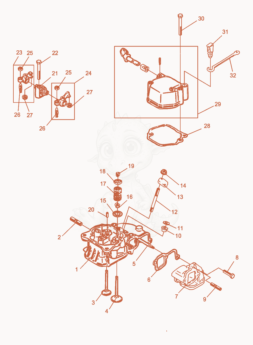 Exploded parts diagram of the Cylinder head of a Wacker Neuson DPS1850Y, with numbered balloons