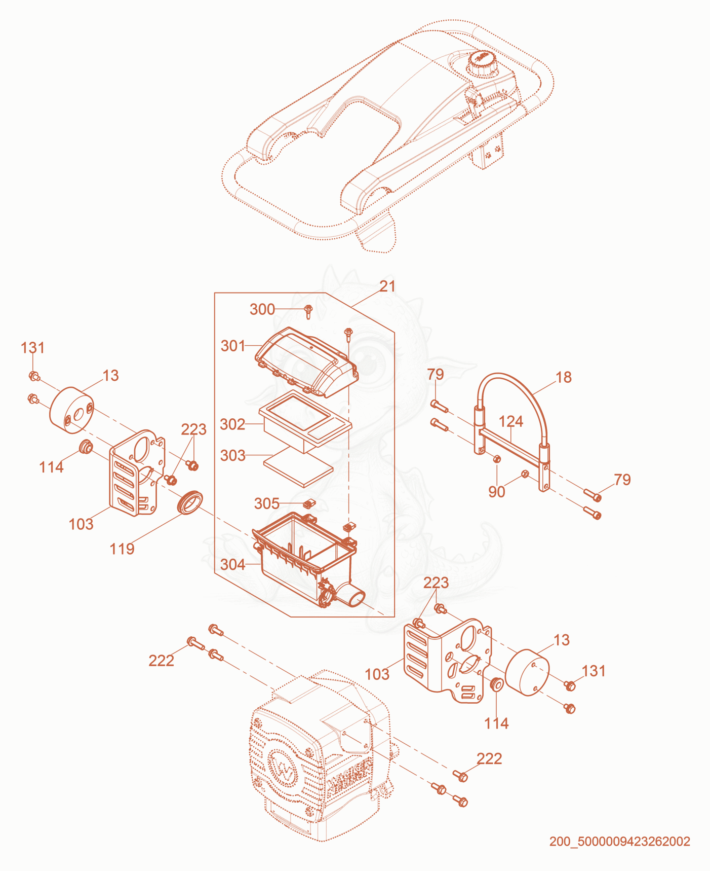Exploded parts diagram of the Air Cleaner cpl. of a Wacker Neuson BS65-VEU, with numbered balloons