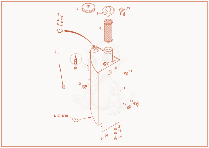 Exploded parts diagram of the fuel tank of a Wacker Neuson 75Z3, with numbered balloons