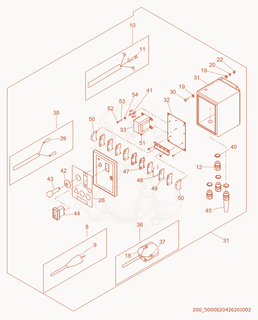 Exploded parts diagram of the Control Box cpl. of a Wacker Neuson HHS702, with numbered balloons