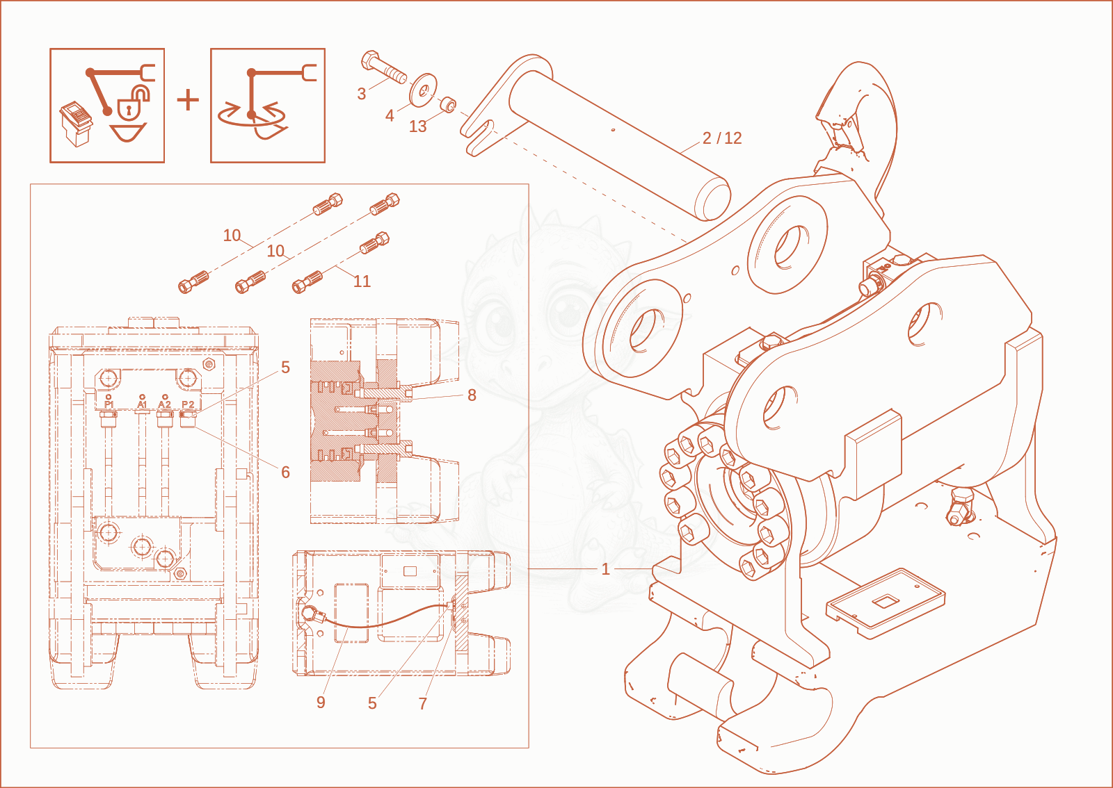 Exploded parts diagram of the quick hitch (option) of a Wacker Neuson ET35, with numbered balloons