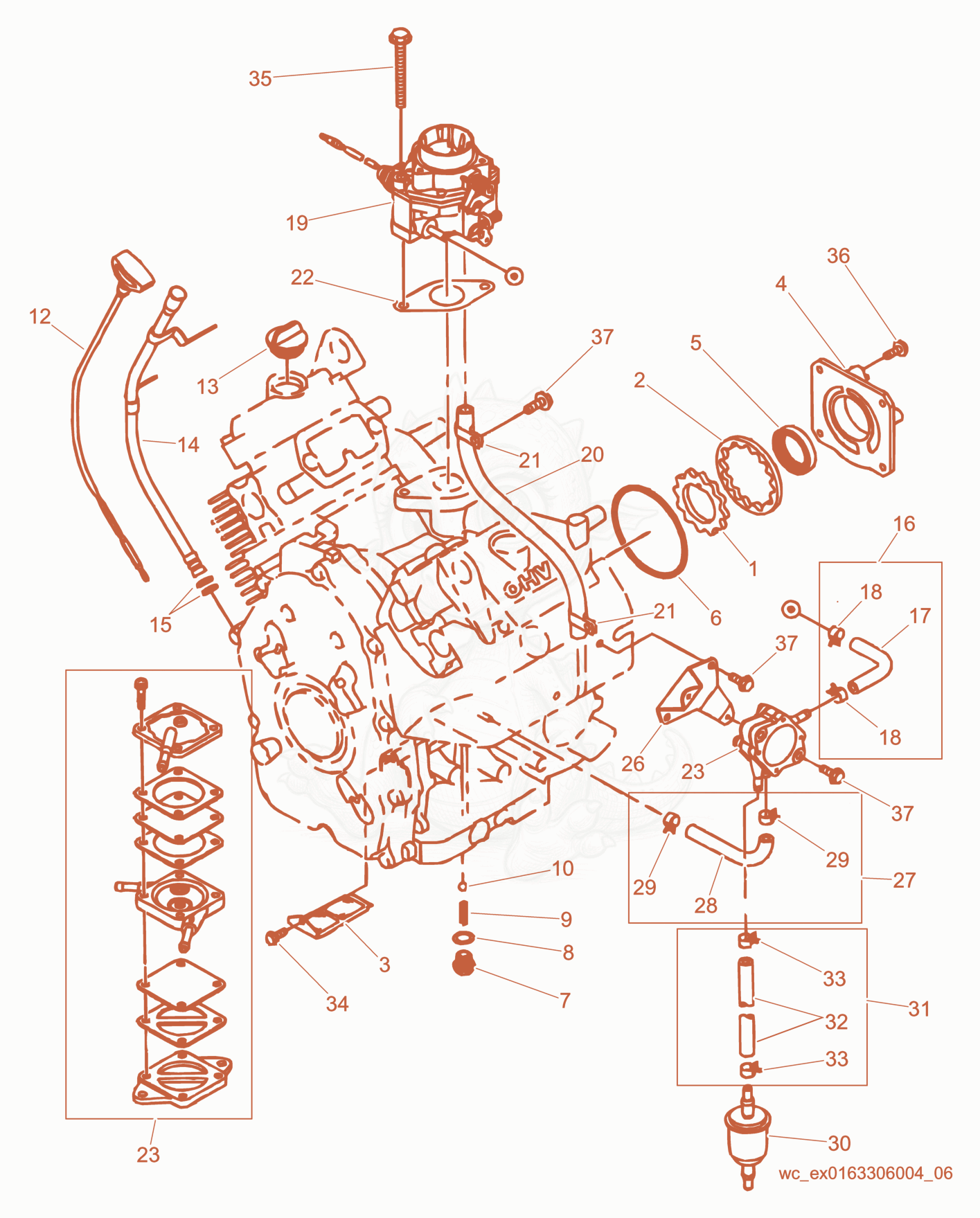 Despiece del Fuel System de una máquina Wacker Neuson RD12-90, con globos numerados