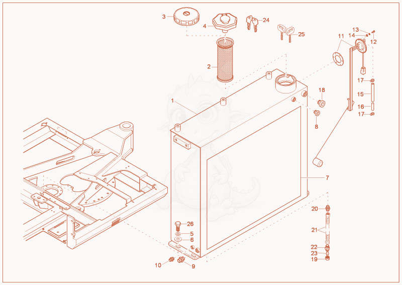 Exploded parts diagram of the fuel tank of a Wacker Neuson 6002RD, with numbered balloons
