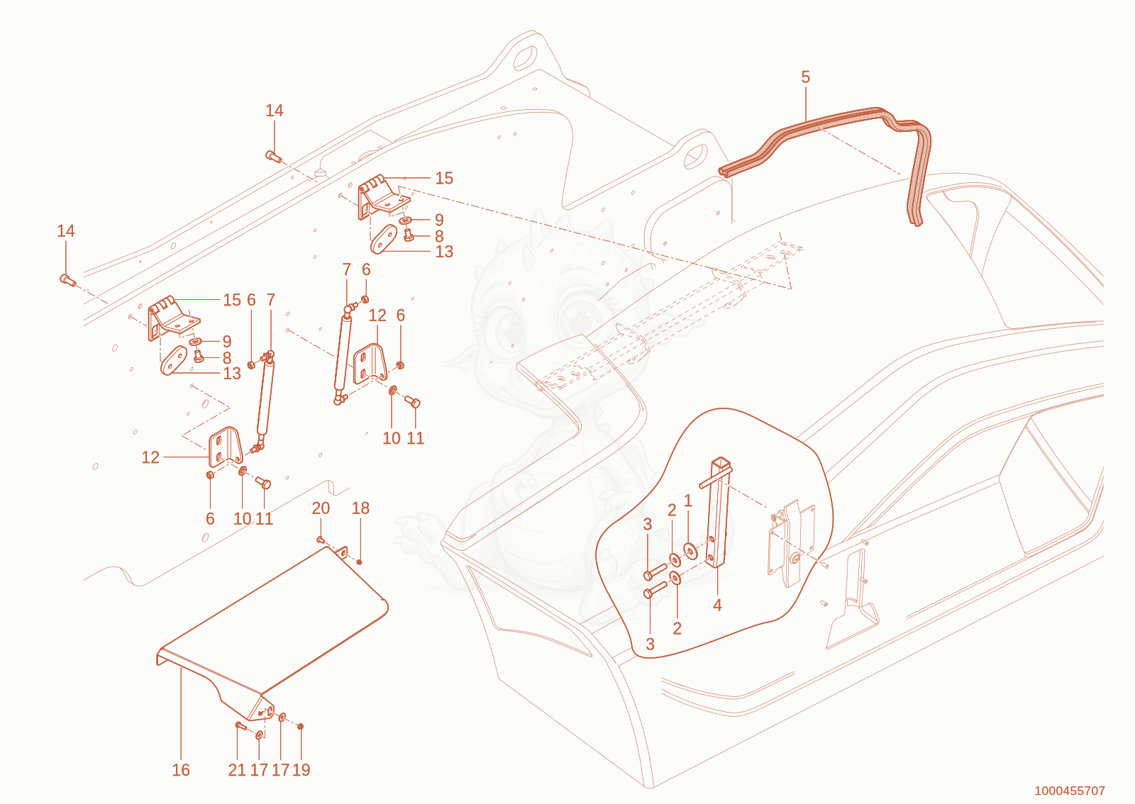 Exploded parts diagram of the engine hood of a Wacker Neuson TH627(418-22), with numbered balloons