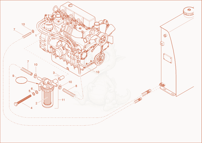 Despiece del fuel system de una máquina Wacker Neuson 8002RD, con globos numerados