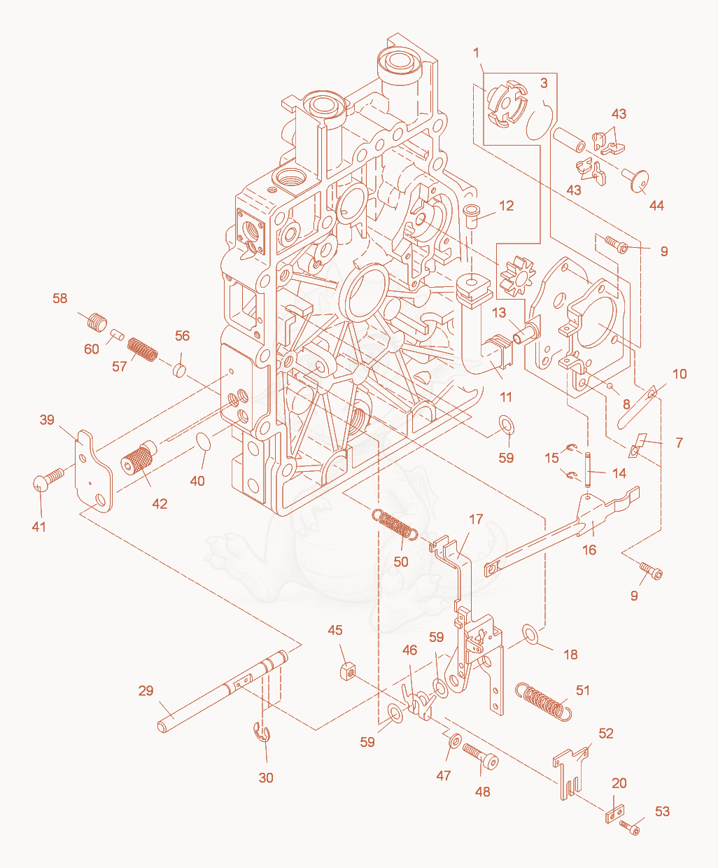 Exploded parts diagram of the Oil pump-Governor-Adjustment R.P.M. of a Wacker Neuson DPU3060H-TS, with numbered balloons