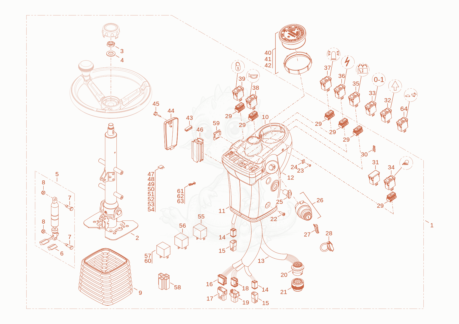 Exploded parts diagram of the steering column of a Wacker Neuson WL20, with numbered balloons