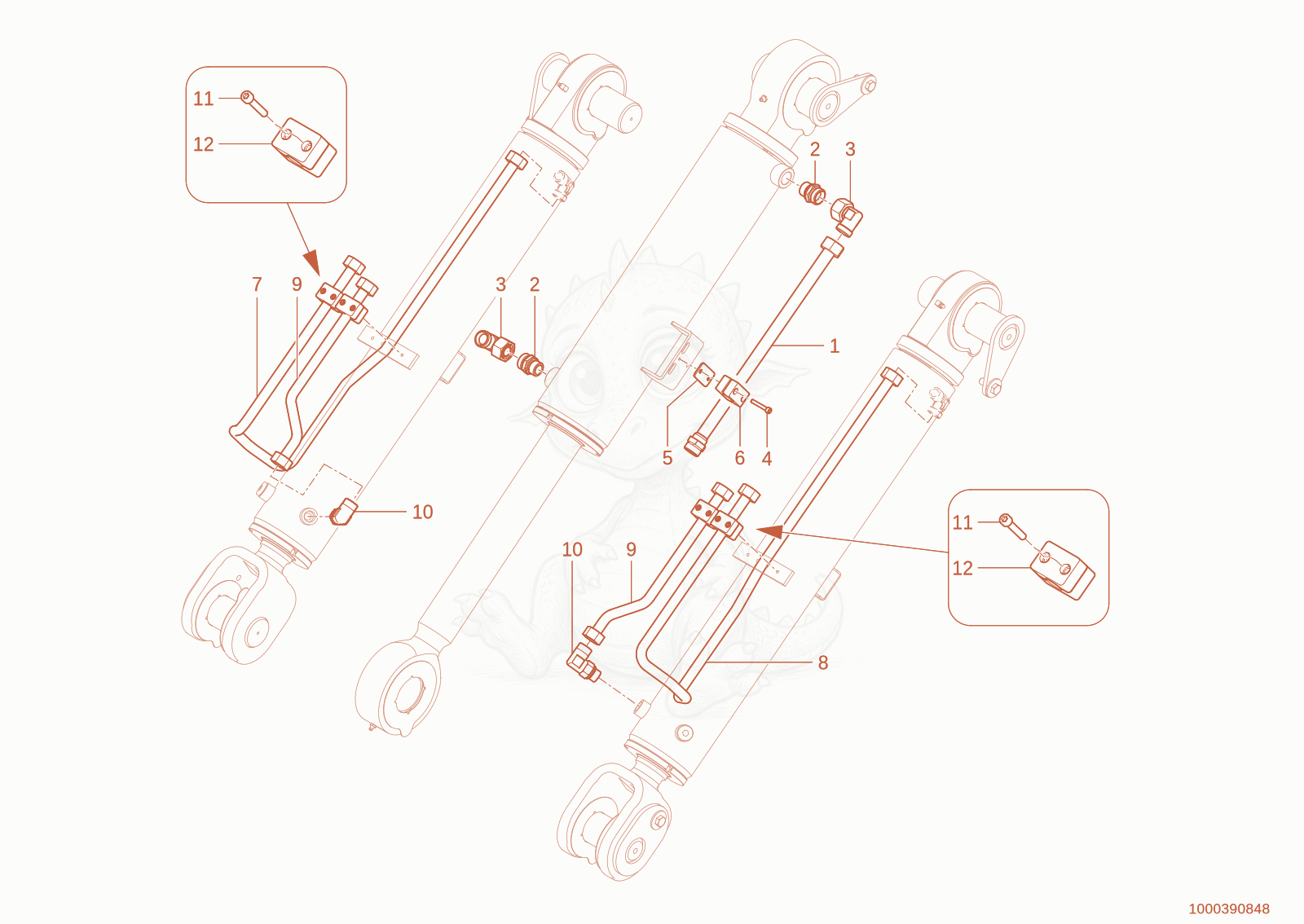 Exploded parts diagram of the cylinder pipes assy. of a Wacker Neuson WL95(WRL90-00), with numbered balloons