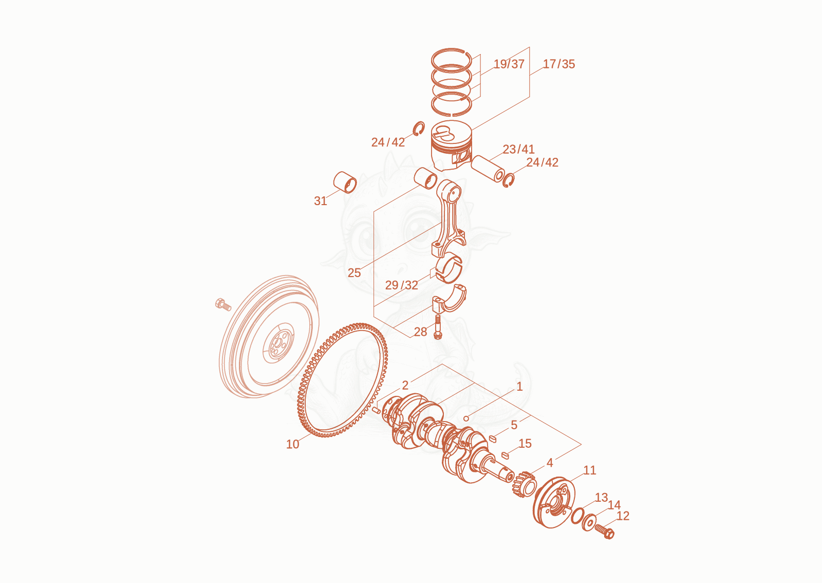 Exploded parts diagram of the CRANKSHAFT, PISTON of a Wacker Neuson 803-2, with numbered balloons