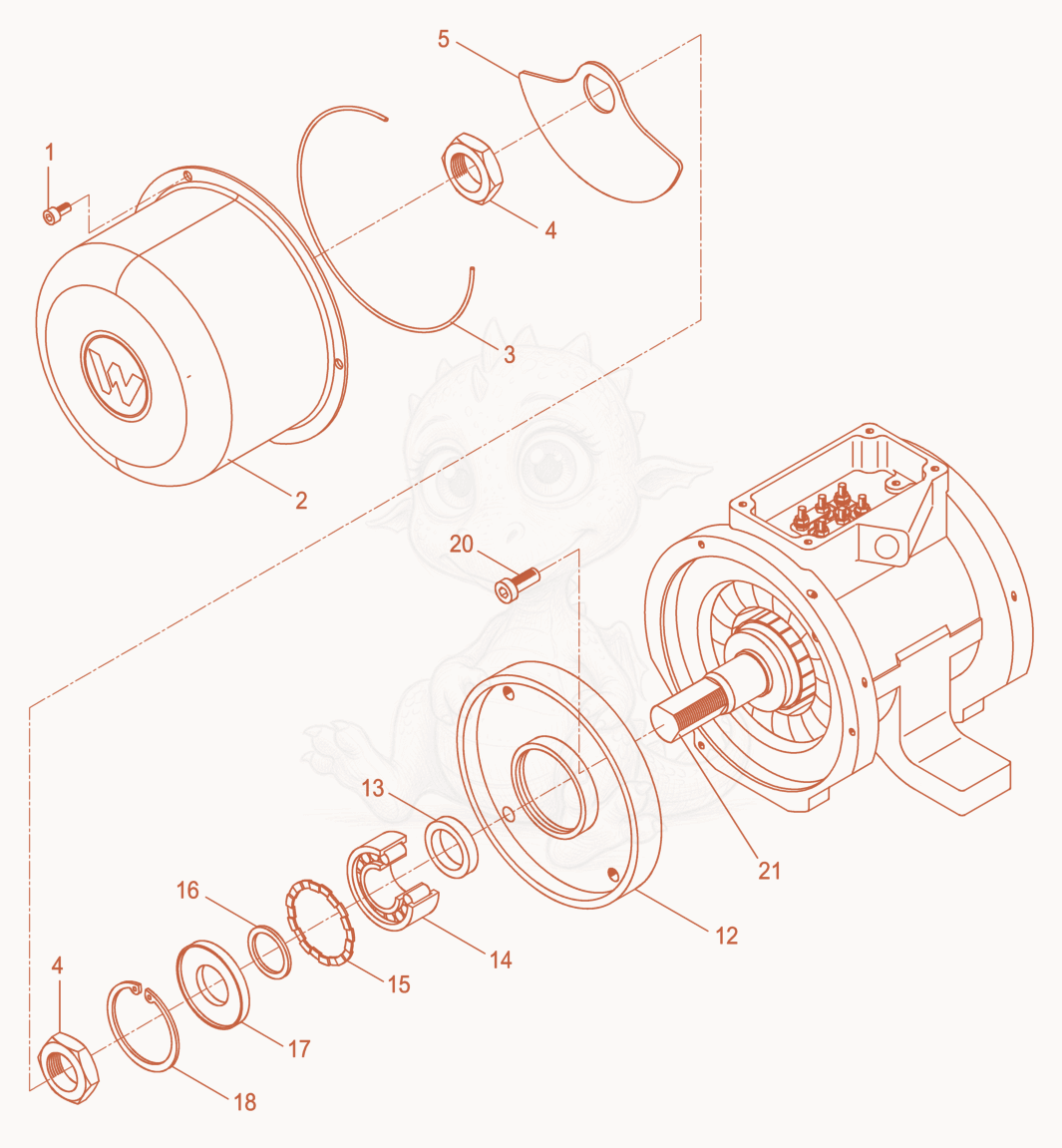 Exploded parts diagram of the External Vibrator cpl. of a Wacker Neuson AR52/3,6/460US, with numbered balloons