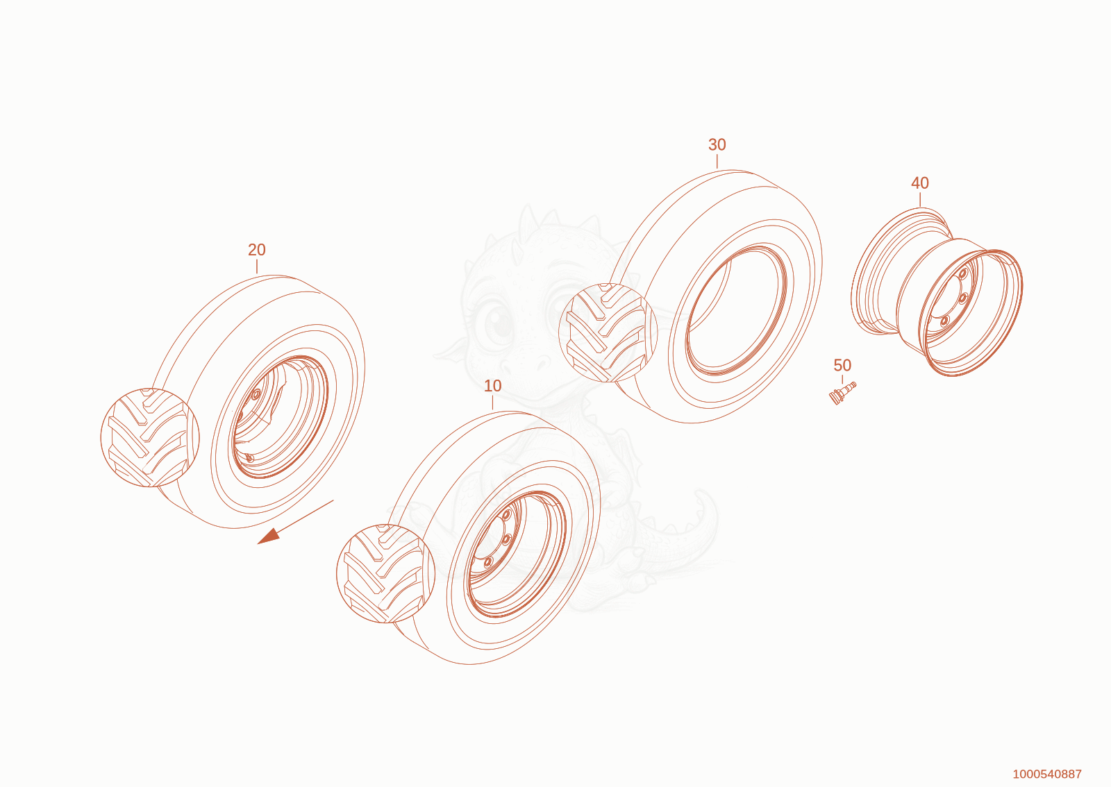 Exploded parts diagram of the wheel 365/70-18 ET10 of a Wacker Neuson WL950(A05-01), with numbered balloons