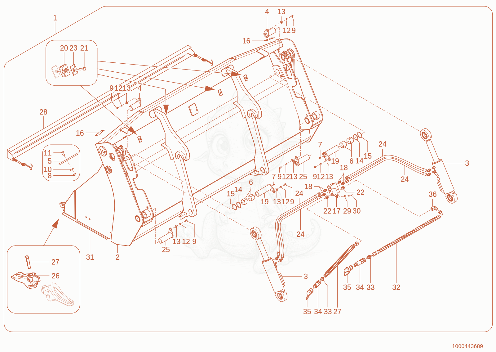 Exploded parts diagram of the multy purpose bucket of a Wacker Neuson WL110(WRL90-05), with numbered balloons