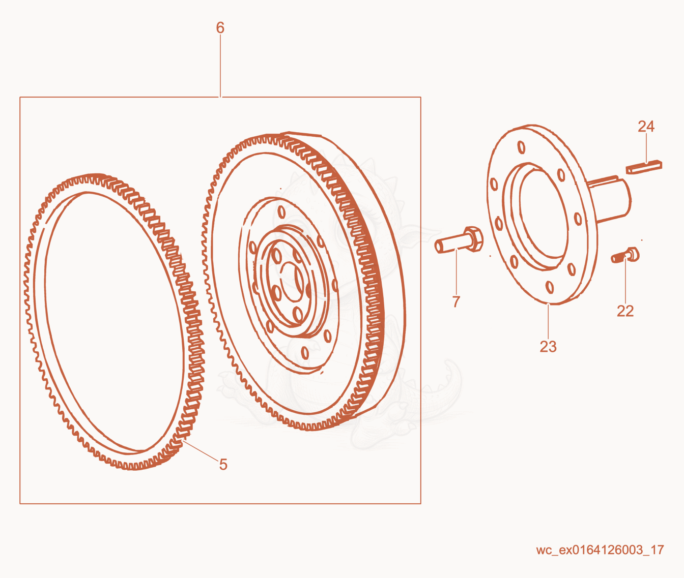 Exploded parts diagram of the Flywheel/Ring Gear of a Wacker Neuson CRT48-35L-PS, with numbered balloons