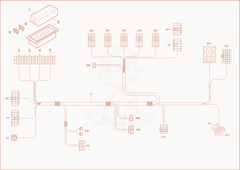 Exploded parts diagram of the wiring harness seat console of a Wacker Neuson 38Z3, with numbered balloons
