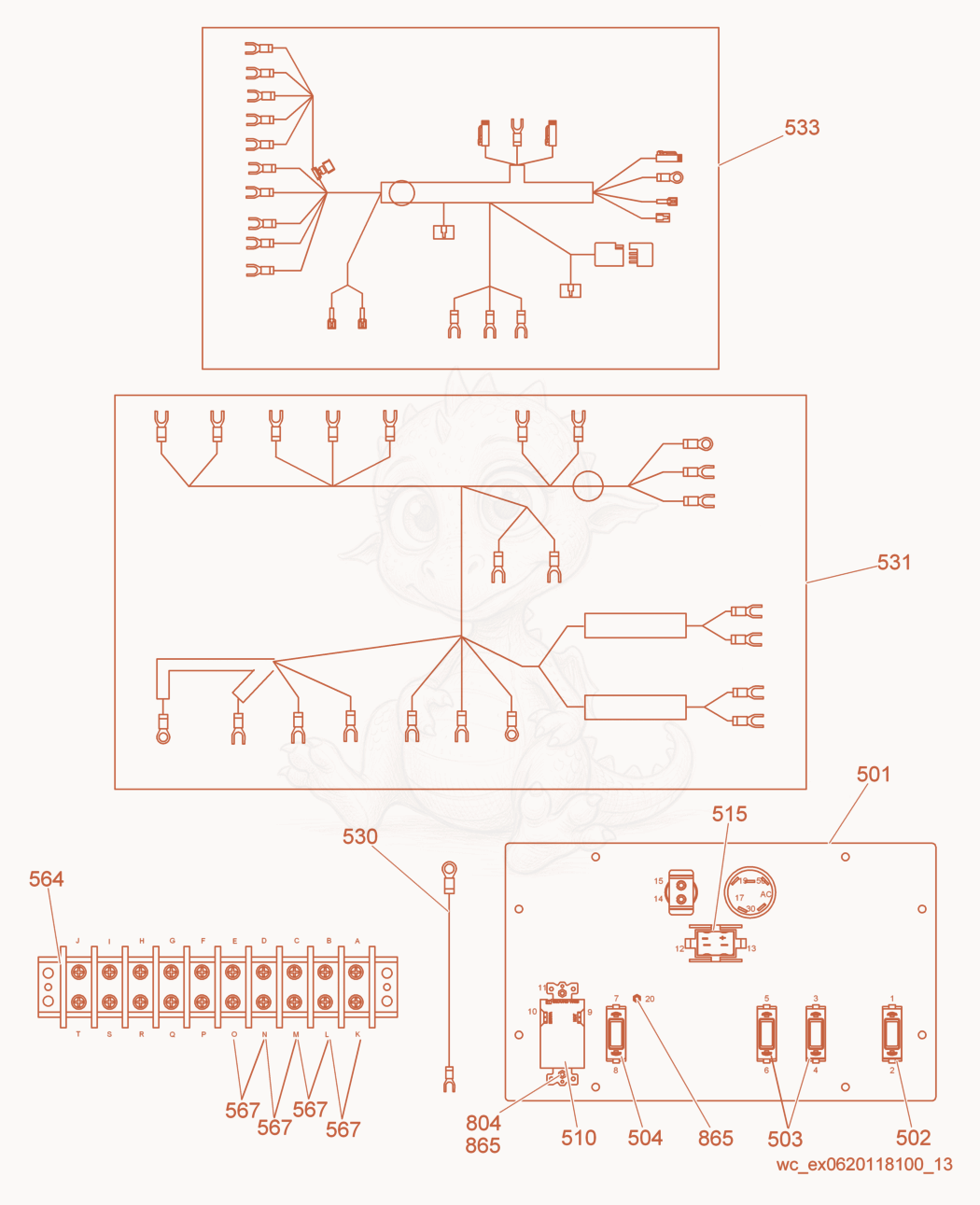 Exploded parts diagram of the Wiring Harness/Control Panel of a Wacker Neuson LTN6C, with numbered balloons