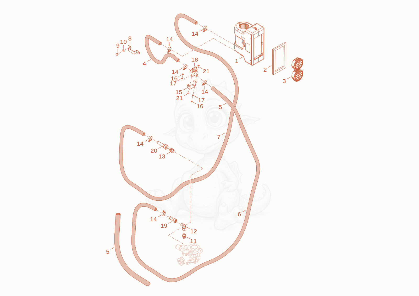 Exploded parts diagram of the heating of a Wacker Neuson TH412, with numbered balloons