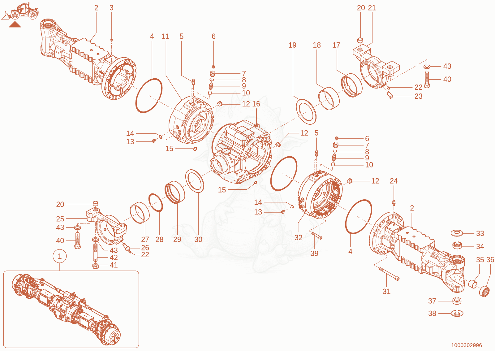 Despiece del front axle de una máquina Wacker Neuson TH955(416-06), con globos numerados