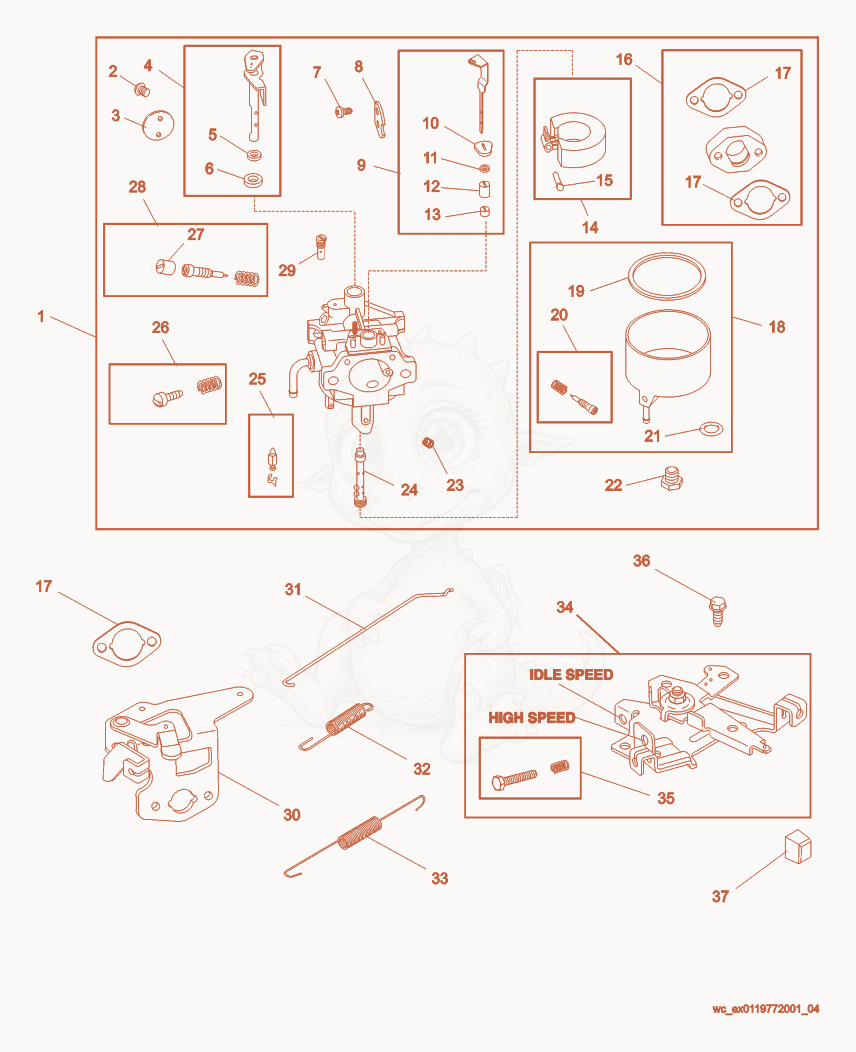 Exploded parts diagram of the Carburetor/Control Linkage of a Wacker Neuson PT2V, with numbered balloons