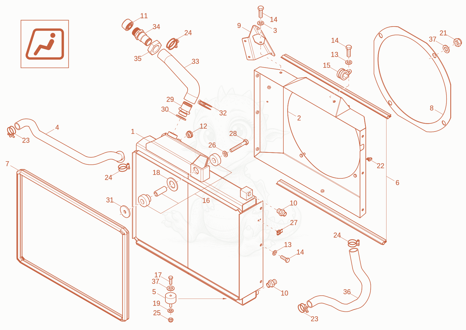 Exploded parts diagram of the combicooler (option) of a Wacker Neuson DW40-2, with numbered balloons