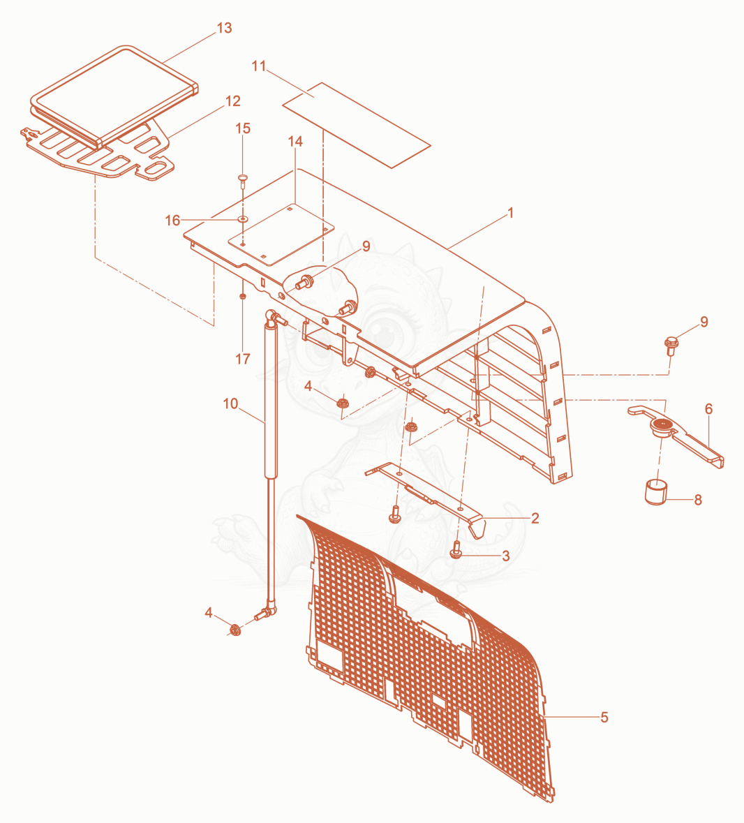 Exploded parts diagram of the Bonnet rear cpl. DPU110 of a Wacker Neuson DPU80/110KMAT, with numbered balloons