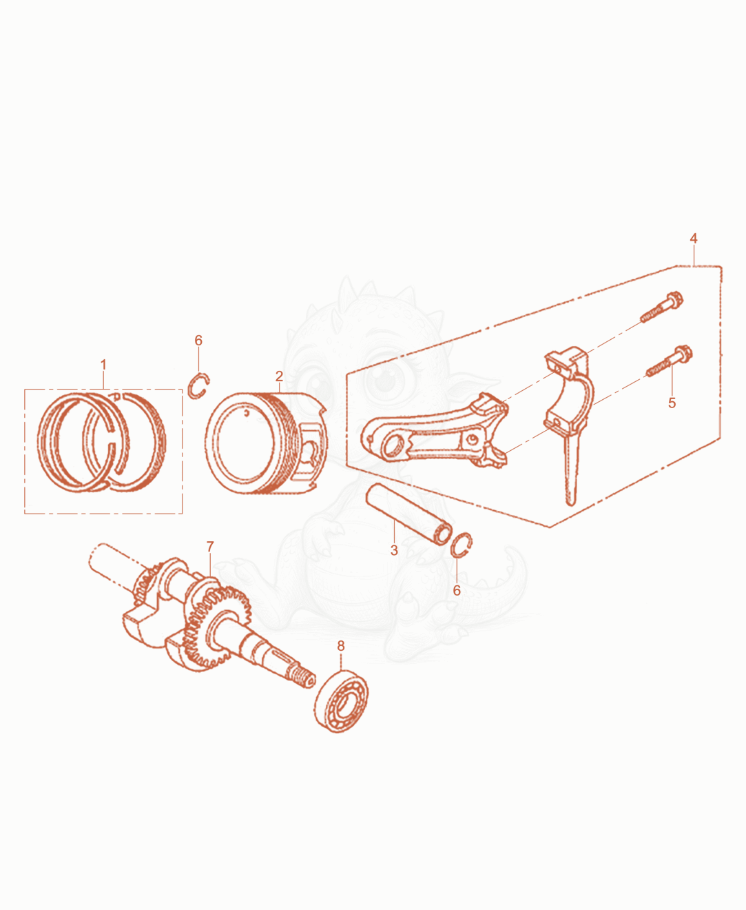 Exploded parts diagram of the Piston/Crankshaft of a Wacker Neuson WPU1550AW-CN, with numbered balloons