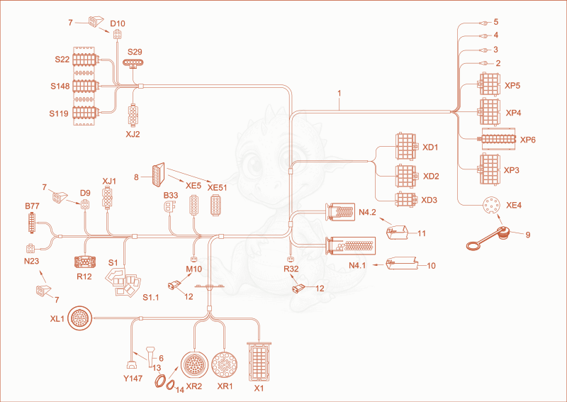 Exploded parts diagram of the wiring harness seat console of a Wacker Neuson EW65, with numbered balloons