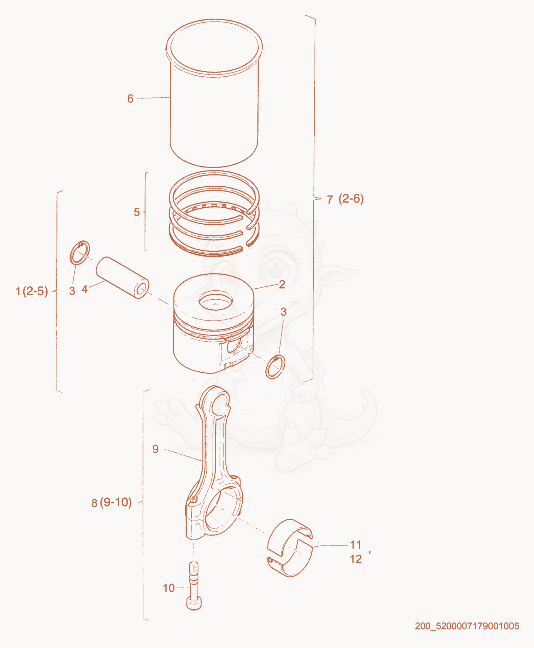 Exploded parts diagram of the Piston w/Ring Set of a Wacker Neuson HSH350, with numbered balloons