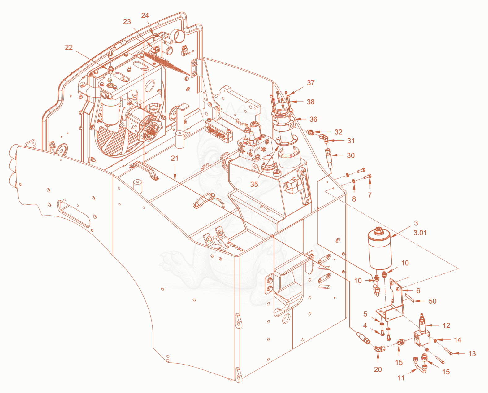 Exploded parts diagram of the bypass oil filter of a Wacker Neuson RD24-100CDPF, with numbered balloons