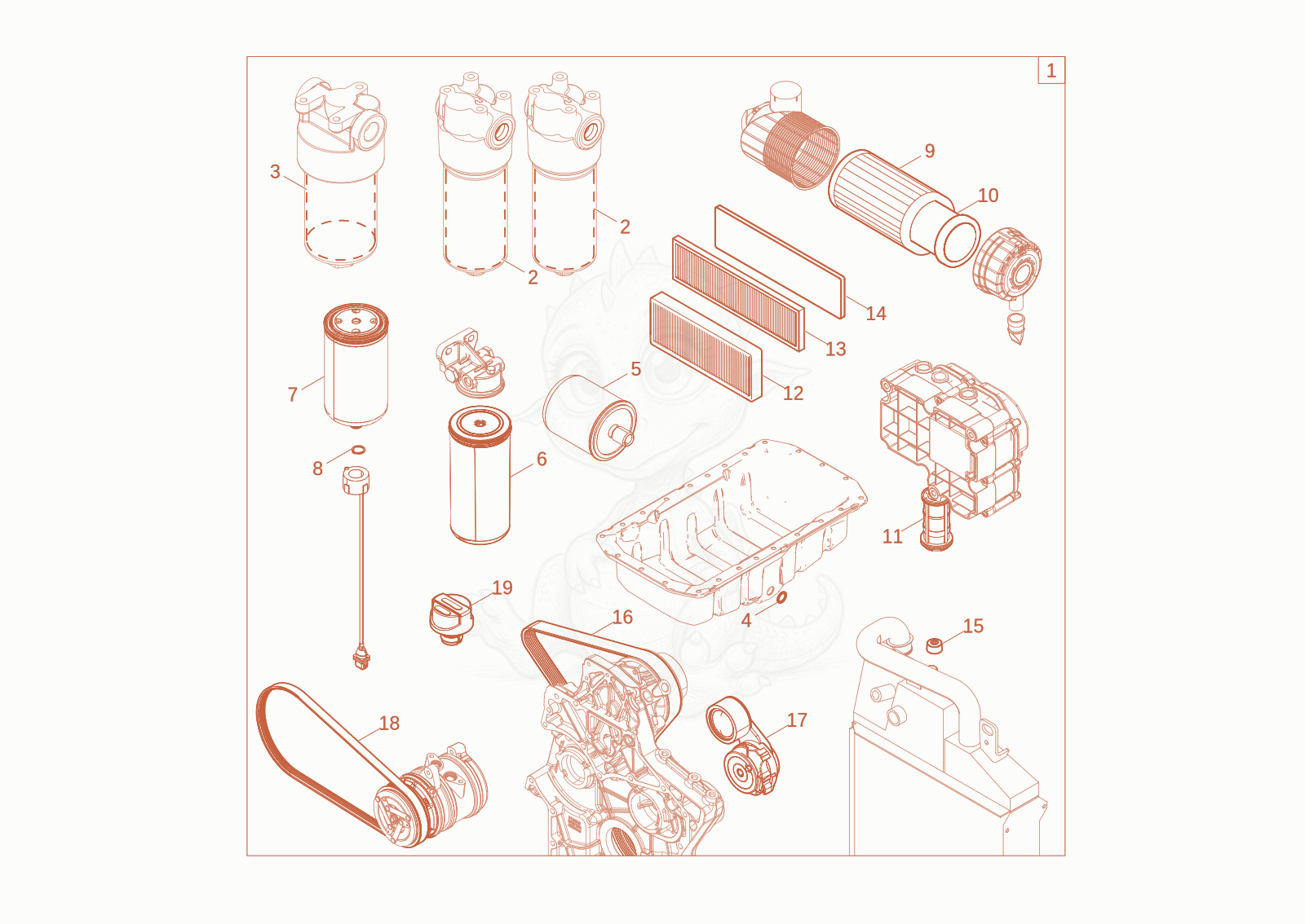 Exploded parts diagram of the maintenance package (3000h) of a Wacker Neuson DV125, with numbered balloons