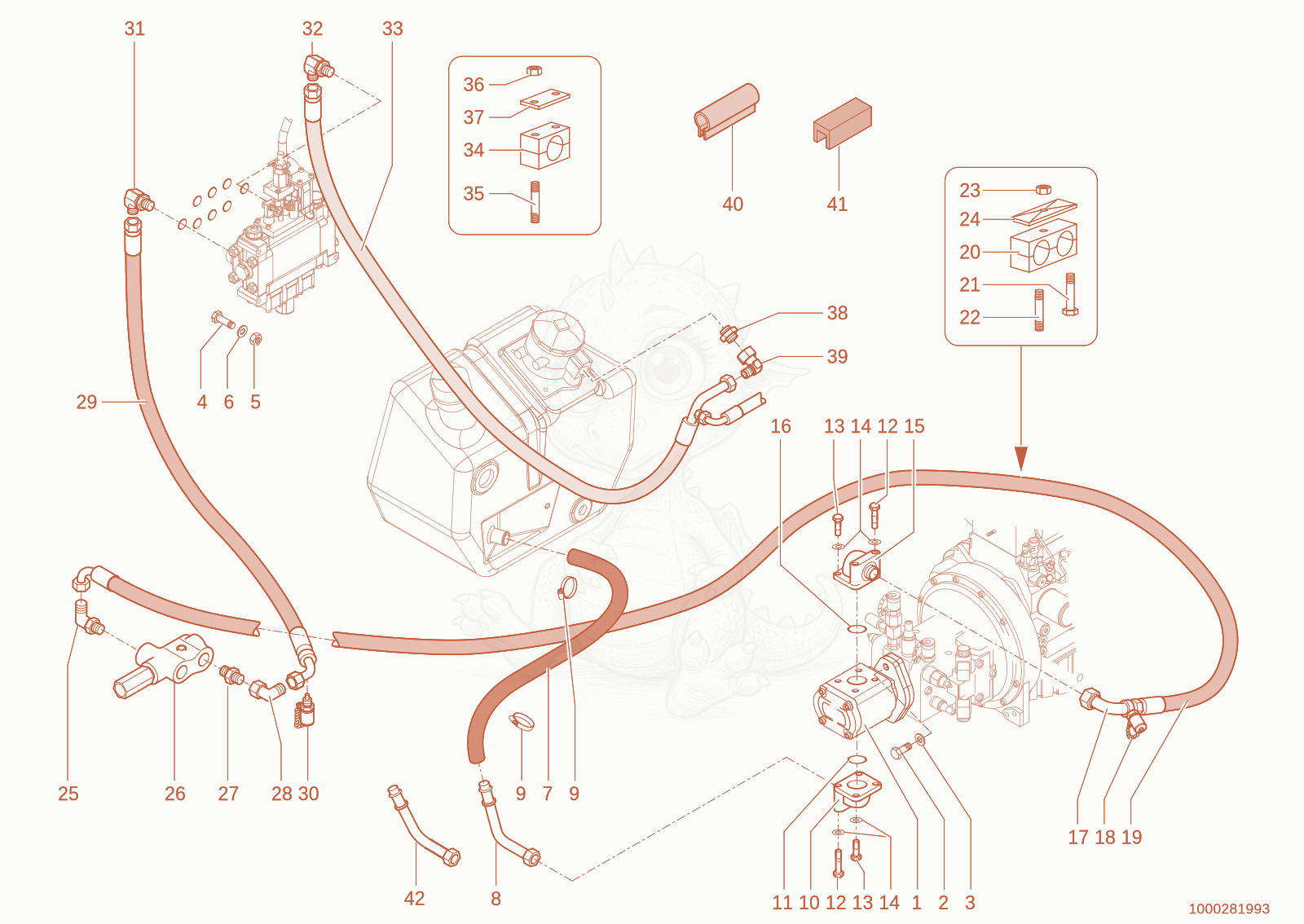 Exploded parts diagram of the circulation of a Wacker Neuson 850, with numbered balloons