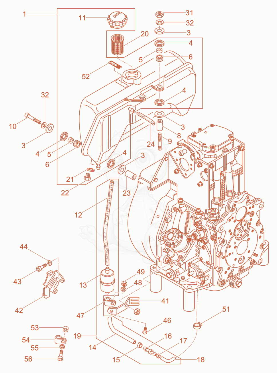Exploded parts diagram of the Fuel System of a Wacker Neuson DPU4545HEC, with numbered balloons