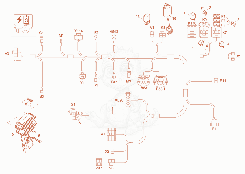 Exploded parts diagram of the WIRE HARNESS CHASSIS, ENGINE (Option) of a Wacker Neuson 803, with numbered balloons