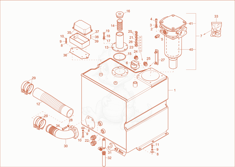 Exploded parts diagram of the hydraulic tank of a Wacker Neuson 14504, with numbered balloons