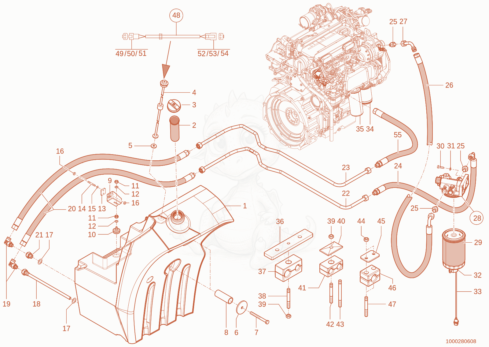 Exploded parts diagram of the fuel system of a Wacker Neuson TH755(416-04), with numbered balloons