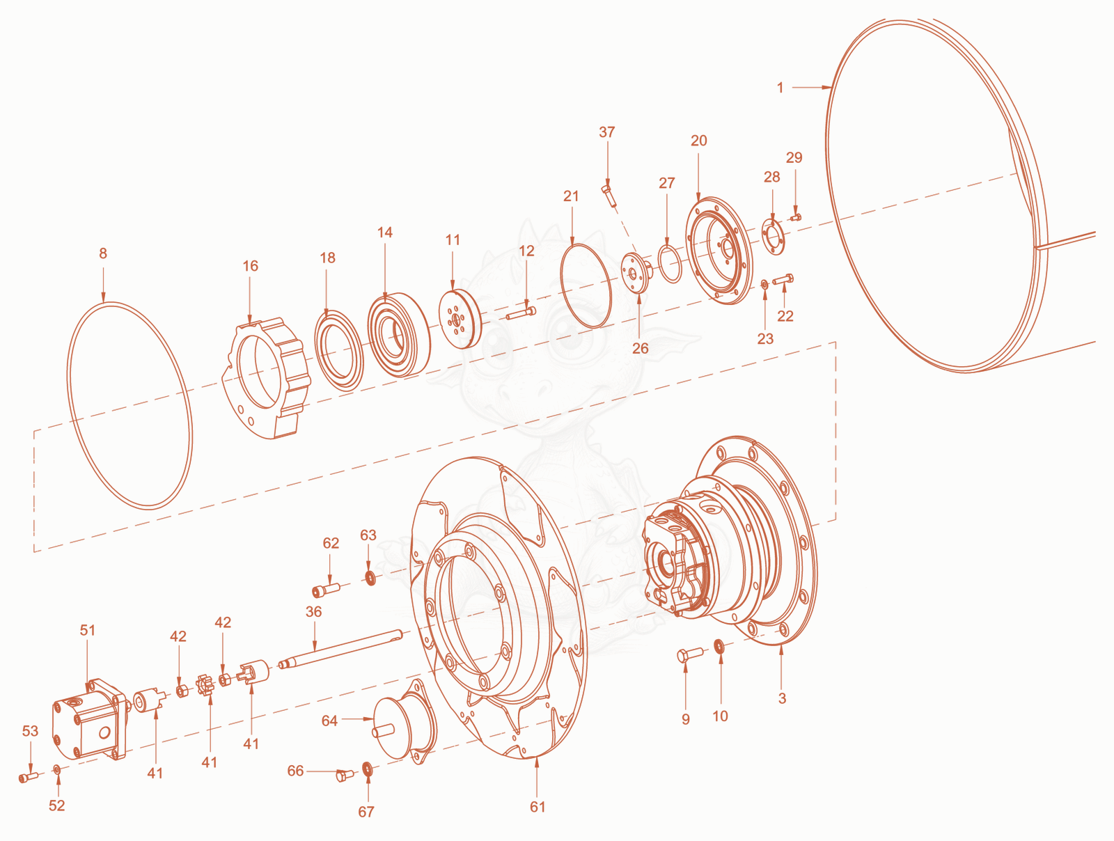 Exploded parts diagram of the roller drum of a Wacker Neuson RD18-80.3, with numbered balloons