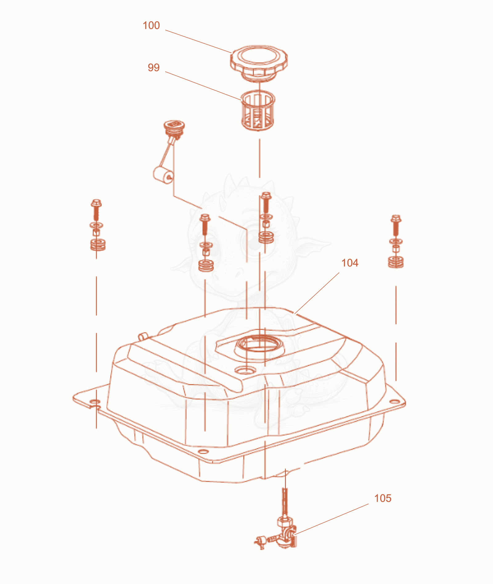 Exploded parts diagram of the Fuel tank cpl. of a Wacker Neuson GB6000GCE, with numbered balloons