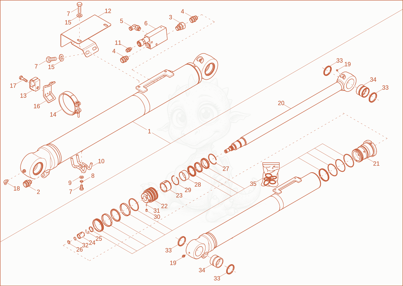 Exploded parts diagram of the DIPPER ARM CYLINDER of a Wacker Neuson ET65, with numbered balloons