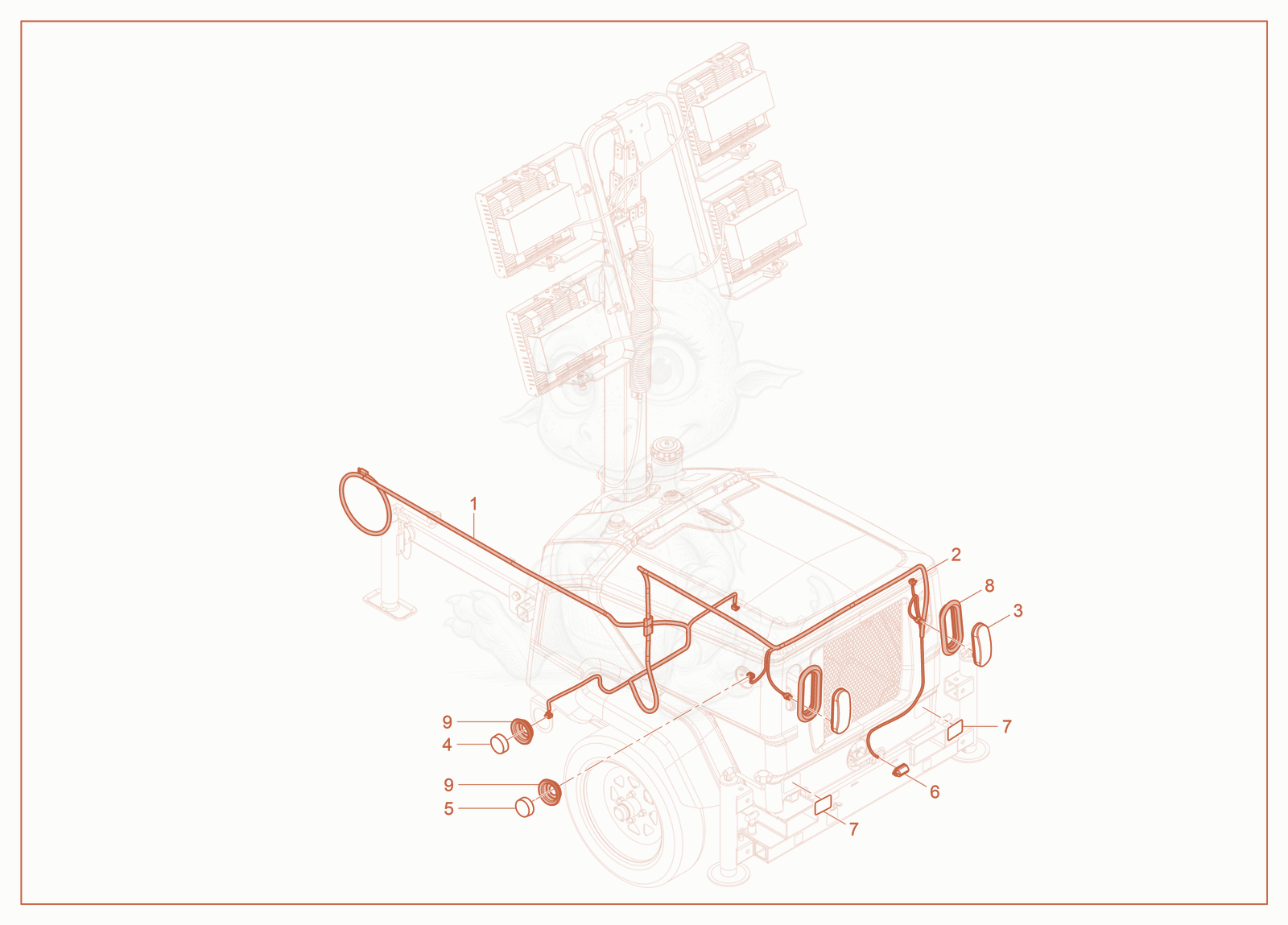 Exploded parts diagram of the Wiring cpl., trailer of a Wacker Neuson LTT4RAC, with numbered balloons