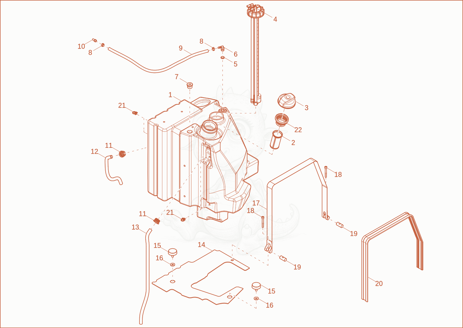Exploded parts diagram of the fuel tank of a Wacker Neuson ET42, with numbered balloons