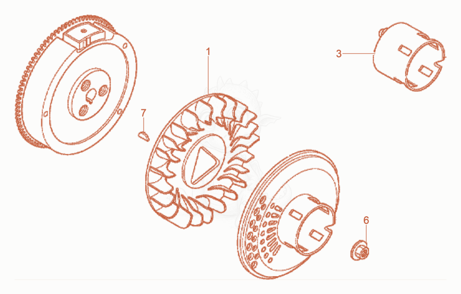 Exploded parts diagram of the Fly wheel of a Wacker Neuson GV7003A, with numbered balloons