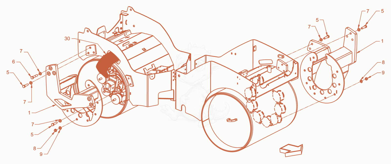 Exploded parts diagram of the roller drum suspension of a Wacker Neuson RD18-80.3, with numbered balloons