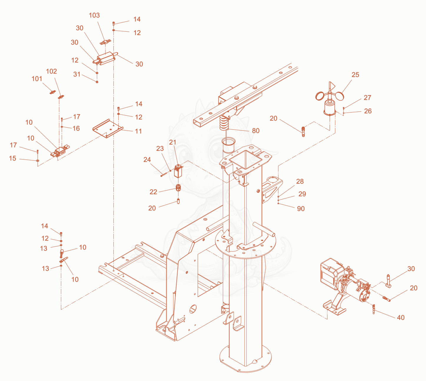 Exploded parts diagram of the cabling ,light pole of a Wacker Neuson LTN5YP, with numbered balloons