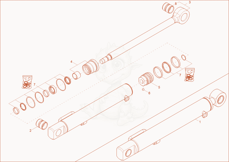 Exploded parts diagram of the bucket cylinder of a Wacker Neuson 1404, with numbered balloons